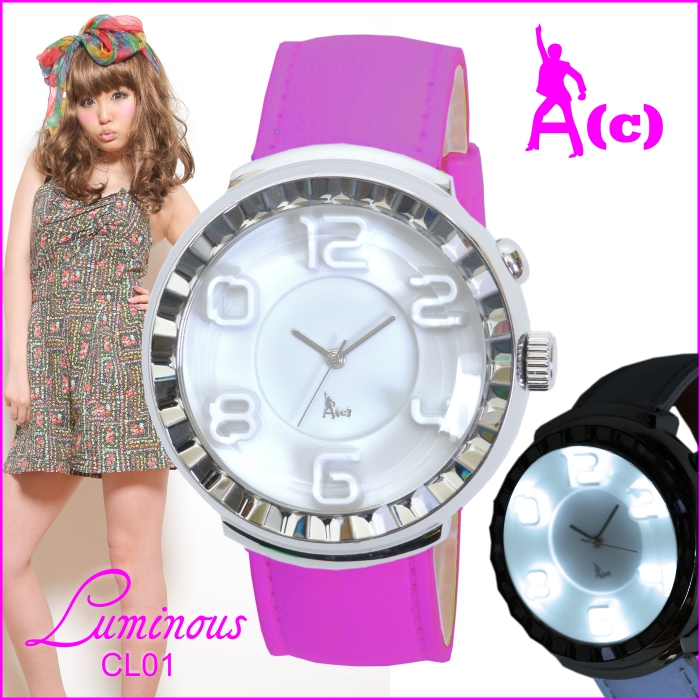 A(c)Osakawatch　LED搭載で光り輝くおしゃれな３Dデザイン腕時計 LuminousWatch ac-cl01-pink