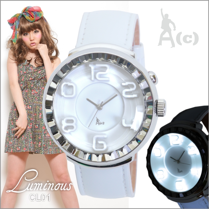 A(c)Osakawatch　LED搭載で光り輝くおしゃれな３Dデザイン腕時計 LuminousWatch ac-cl01-white